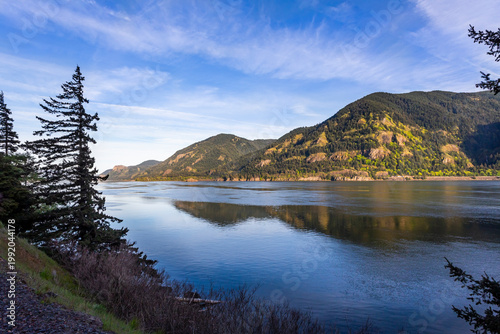 Beautiful rocks on Oregon side of Columbia River in sunny day