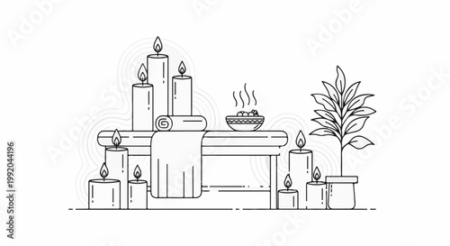 Serene spa setup with candles, towel, plant, and steaming bowl