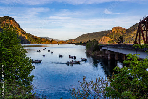 Fishing boats in White Salmon River in Washington in sunset