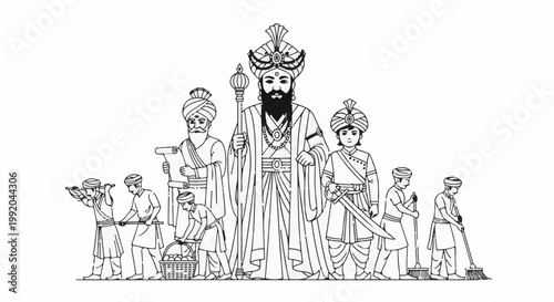 Religious figures and attendants engaged in work and learning tasks