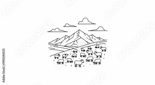 Sheep grazing in a field with mountains and clouds in the background