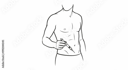 Person holding injection pen near abdomen line drawing