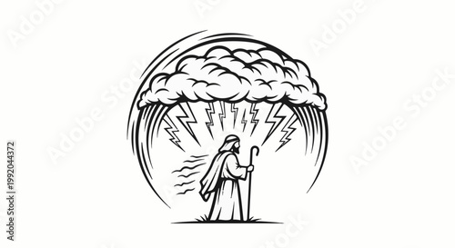 Shepherd stands firm under a stormy sky with lightning and wind