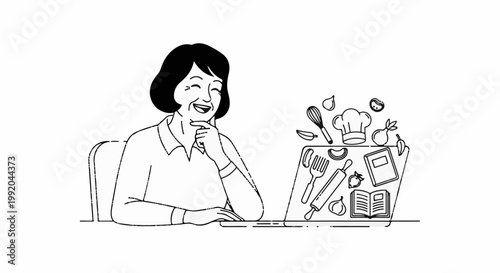 Person happily watching cooking tutorial on laptop with various ingredients displayed