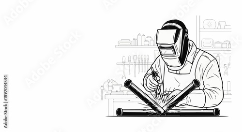 Person in protective gear welding metal pipes in workshop setting