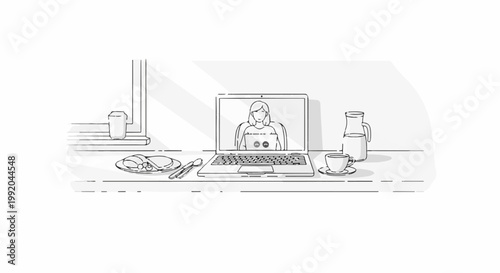 Person in video call, laptop, coffee, and breakfast spread on a desk