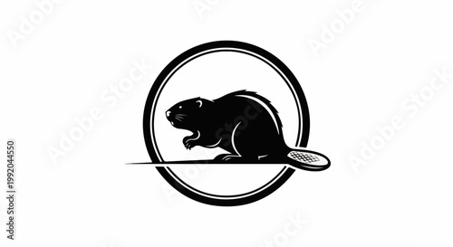 Silhouette of a beaver within an oval frame, starkly contrasted