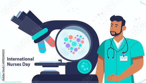 Microscope Showing Cells Forming Heart with Observing Nurse
