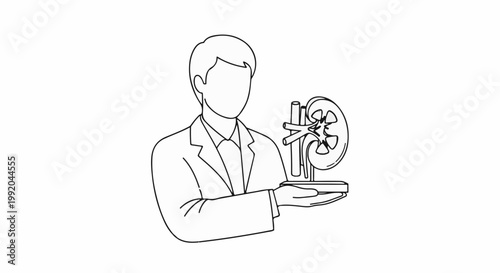 Person in lab coat holding a kidney model on a stand