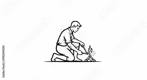 Person kneeling, igniting a small campfire with sticks, sparks fly