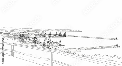 Sketch of a busy harbor with ships, cranes, and breakwaters under a clear sky