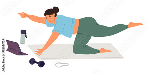 Young overweight woman does yoga using online lessons. Sports training video tutorial at laptop. Fitness at home. Fat girl slimming. Stretching workout. Athletic exercises. Vector concept