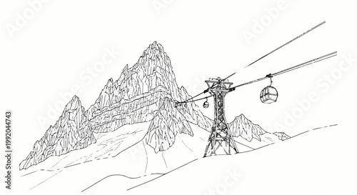 Sketch of a cable car ascending steep, rocky, snow-dusted mountains