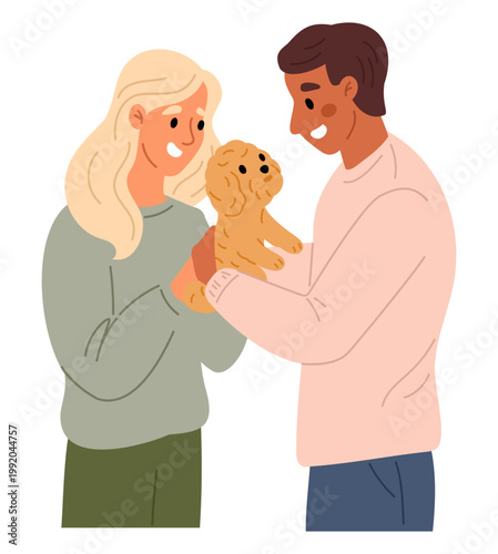 Young couple hugging pet. Happy man and woman hold beloved dog in their arms. Cuddle with canine fluffy companion. Family embracing cute puppy. Vector concept of love for domestic animals