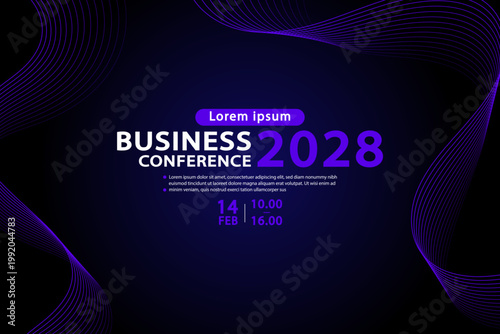 Business conference banner template with abstract purple wavy lines on dark background representing digital innovation technology connectivity and professional corporate seminar event announcement