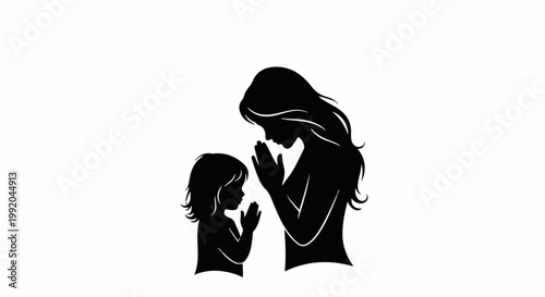 Silhouette of a mother and child in prayer, hands clasped