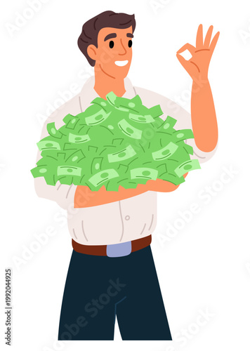 Young businessman holds large amount of cash in his hand and shows OK sign. Economy success and wealth. Billionaire savings. Financial prosperity. Investment banking profit. Vector concept