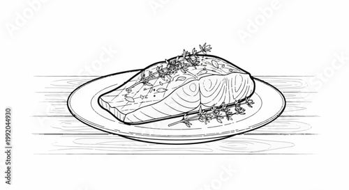 Sketch of a cooked fish fillet with herbs on a plate above a wooden surface