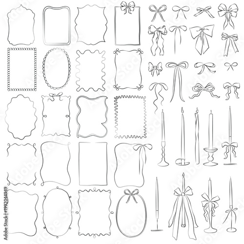 Hand-drawn collection of decorative festive frames, bows and candles for product design, wedding decor, menu, cards, invitation