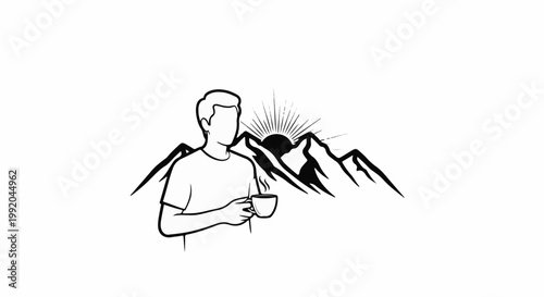 Silhouette of a person holding a cup of coffee with mountains and sun rising behind