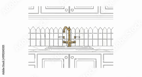 Sketch of a gold faucet with white ceramic handles on a tiled backsplash