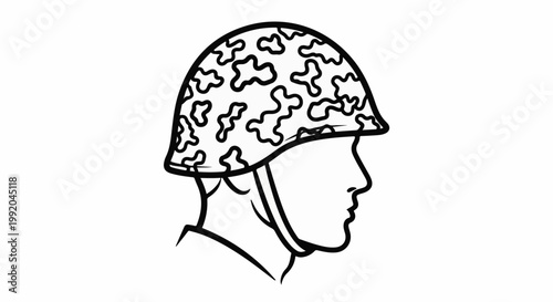 Silhouette of a soldier in profile, wearing a camouflage helmet