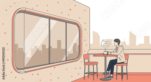 Person sitting at cafe table by window with city view, coffee cup, abstract dots