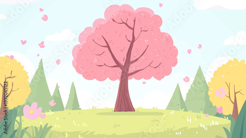 A vibrant springtime illustration showing a blossoming tree surrounded by a landscape