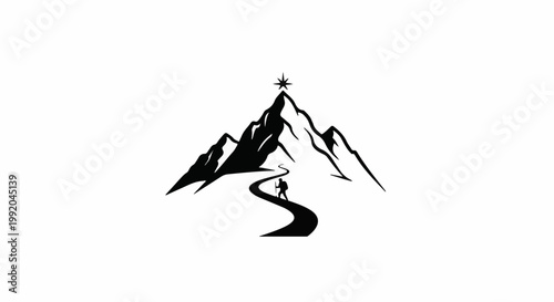 Silhouette of a solitary hiker ascending a winding path towards a star atop a mountain