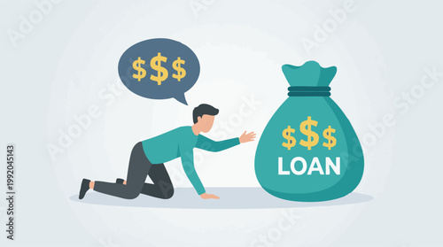 Man reaching for a loan bag, symbolizing financial need and debt struggle