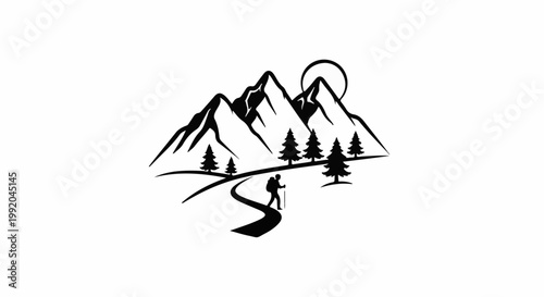 Silhouette of a solitary hiker on a winding path in mountainous terrain