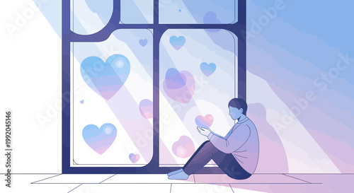 Person Sitting by Window with Floating Hearts, Loneliness, Love, Hope, Abstract Background