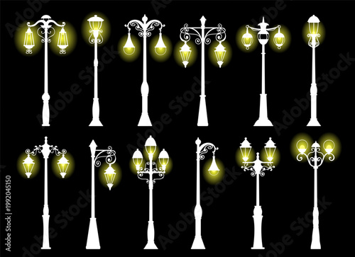 White silhouettes of old fashioned glowing street lamps. Town streetlight. Streetlamp illumination. Park light. Outdoor lantern. Vector set of elements of cityscape on black background
