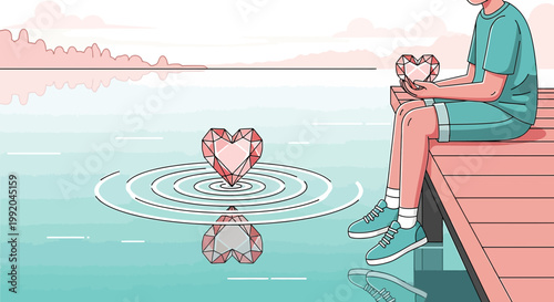 Person Sitting on Dock Holding Gem Heart, Reflection in Water with Ripples