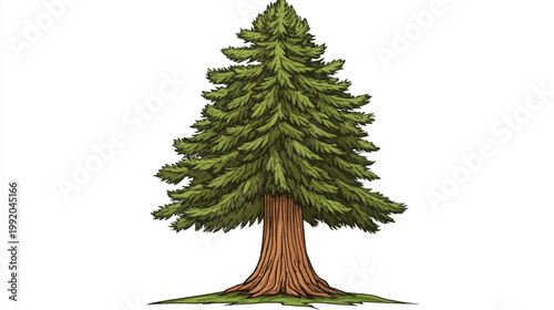 A tall, green and brown tree with needles and bark, set against a blank white backdrop