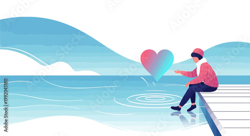 Person sitting on pier, dropping gradient heart into serene icy water, winter landscape