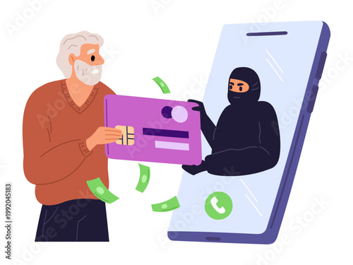 Scammer calling elderly man to steal money from his bank credit card. Cybercrime or fake calls. Digital thief in smartphone. Senior victim of phishing. Fraud of pensioner. Vector concept