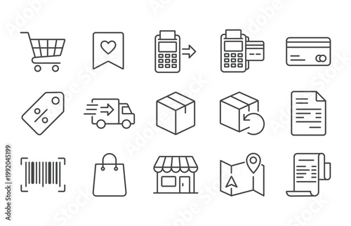 Modern Outline Thin Line Ecommerce Online Shopping Delivery Payment Retail Service Icon Set