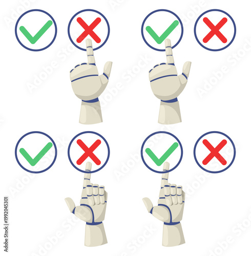 Robots arm presses or selects correct or incorrect icon. Cross symbol of rejection and prohibition. Approval checkmark. Robotic hand making choice between yes or no. Vector concept