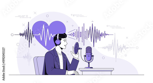 Podcaster with Headphones Speaking into Microphone, Heartbeat Waveform and Sound Waves