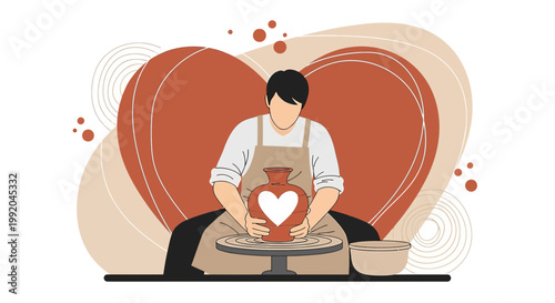 Potter crafting a heart-shaped vase with love, abstract background, creative hobby