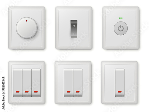 Realistic various types of electrical switches on white background. Plastic toggle for illumination control. Home equipment button. Interior wall outlet. Electric connectors vector set
