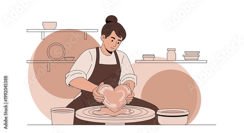 Potter shapes clay heart on wheel, creative hobby, artistic craft, studio setting