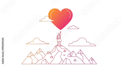 Reaching for Heart on Mountain Peak, Symbolizing Love, Success, and Achievement