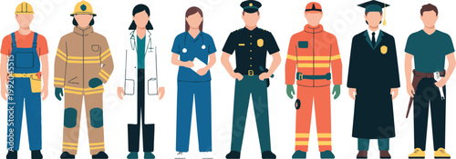 Professional Workers Lineup Flat Vector  Construction, Healthcare, Emergency & Service Jobs
