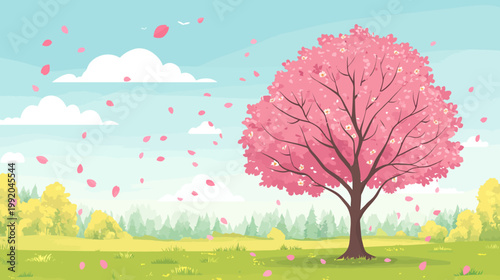 A picturesque cartoon spring landscape featuring a blooming pink tree and falling petals