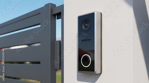 Smart video doorbell mounted on a modern gate pillar
