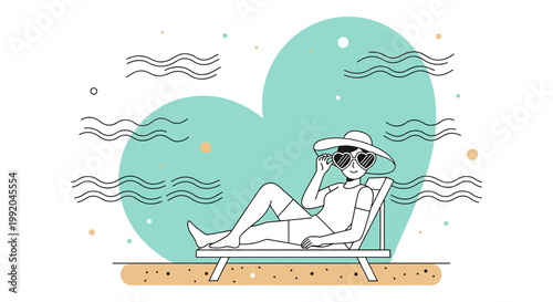 Relaxing Summer Vacation: Woman Sunbathing on Beach Chair with Heart Shape Backdrop