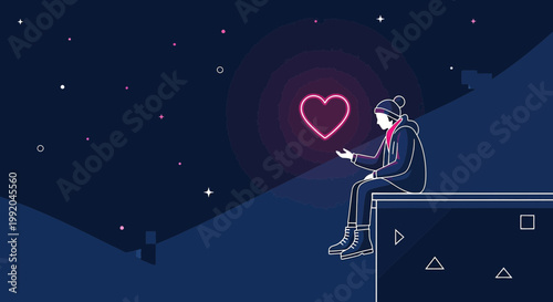 Person with glowing heart on phone in starry night, abstract geometric background