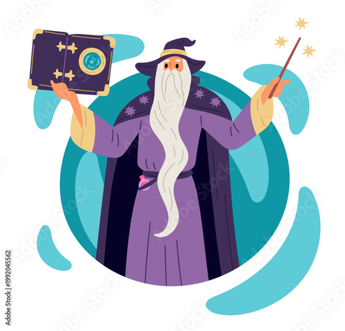 Old wizard recites magic spell from book in teleportation circle. Mystery man in mantle and hat. Sorcerer with magical wand and grimoire. Fairytale Merlin casting charm. Vector concept